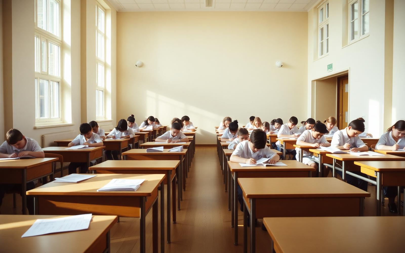 Pupils sitting a written transfer test in a bright school hall